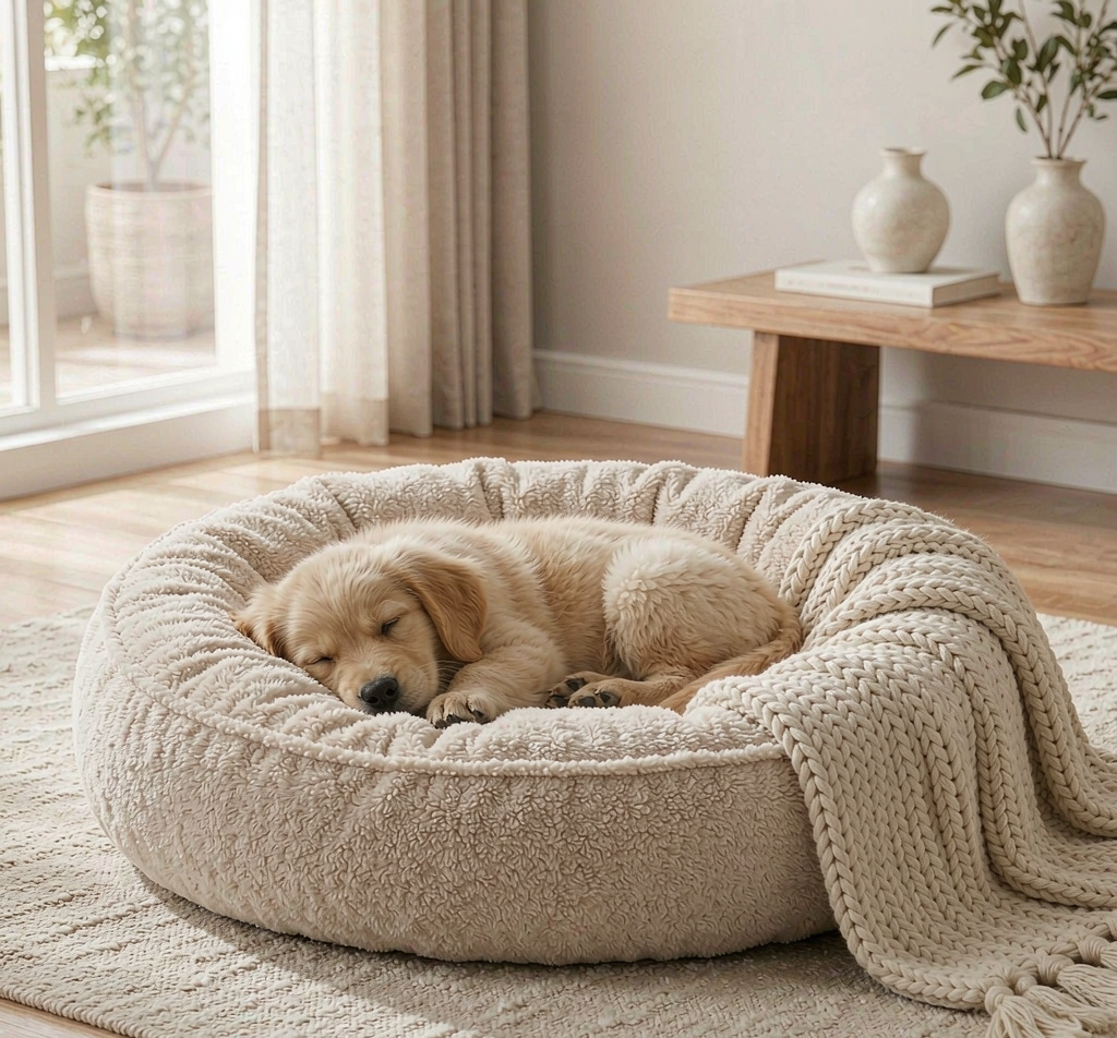 Plush pet bed with knitted pet blanket and puppy