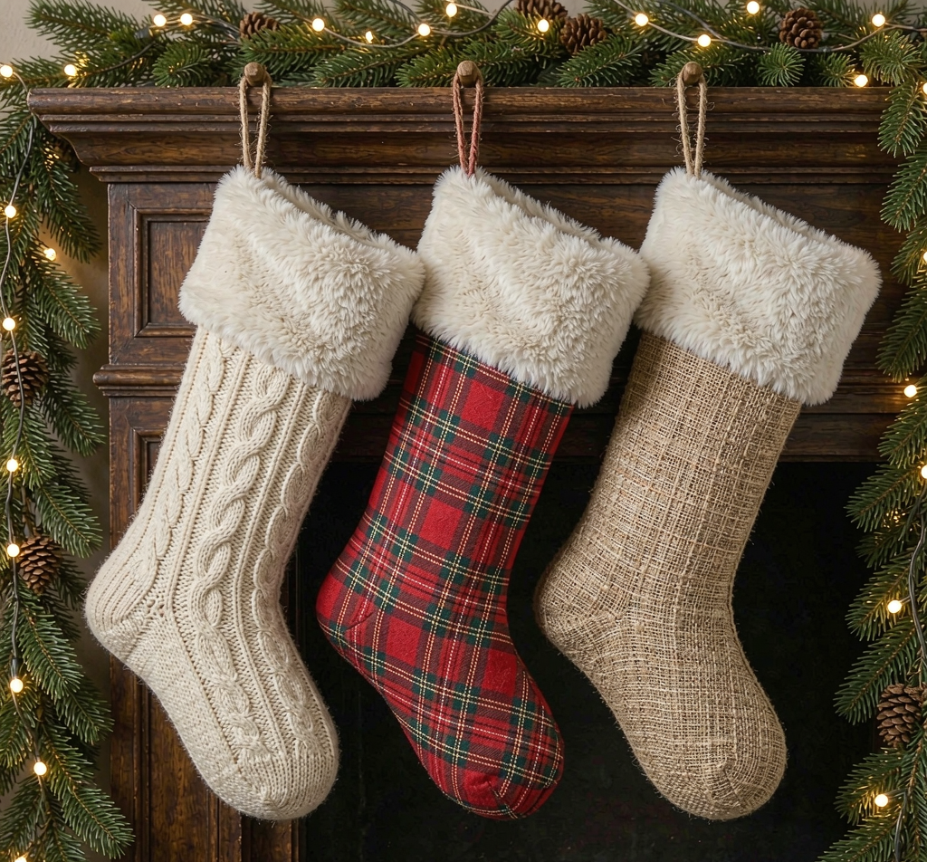 Knitted and plaid Christmas stockings