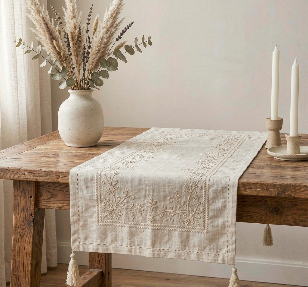 Embroidered linen table runner